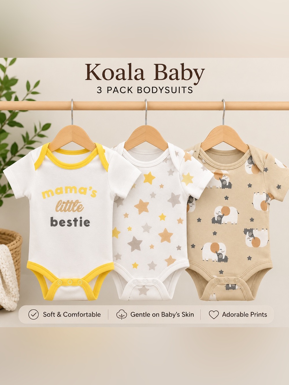 Koala Baby 3-Pack Bodysuits in Yellow, White & Tan